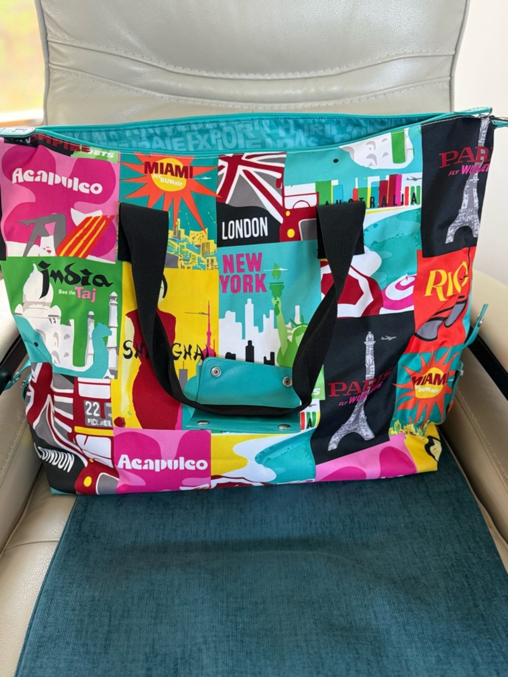 Oversized Zippered Tote Bag - Colorful Travel Themed Print, Turquoise accents.